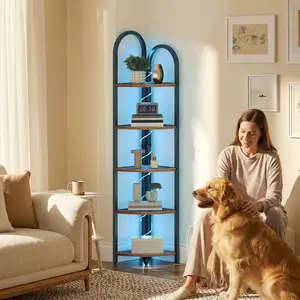 MAHANCRIS 5-Tier Corner Shelf with LED Light, 64.6'' Arched Corner Bookshelf, Narrow Storage Shelf with Metal Frame, for Living Room, Bedroom, Small Spaces, Rustic Brown and Black #SummerVibes