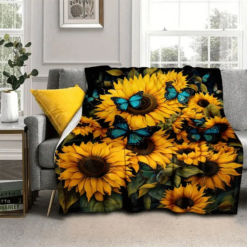 Sunflowers And Blue Butterfly Thin Blanket - Lightweight Flannel Throw For Sofa, Bed, Travel, Camping, Livingroom, Office, Couch, Chair, And Bed - Digital Printing Fleece Blanket With Soft And Warm Flannel Fabric