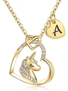 Letter A-Z Colorful Zircon Copper Heart Pendant Children Jewelry Unicorn Necklace, Cute Style, All Seasons, Necklace For Daughter, Alphabet Necklaces, Initial Necklace