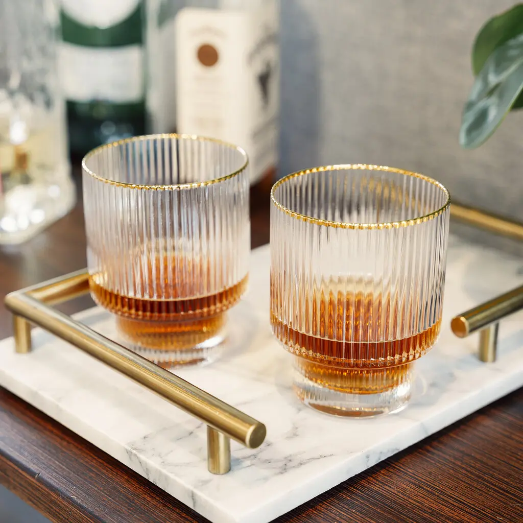 Meridian Crystal Tumblers Set of 2 - Gold Rim Rippled Stackable Old Fashioned Glasses, Birthday Gifts, Aesthetic Glassware Find