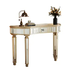 47" Half-Moon Mirrored Console Table with Fluted Glass & Crystal Knob Drawer - Silver Entryway Vanity Desk for Bedroom/Dressing Room(Gold+Sliver)