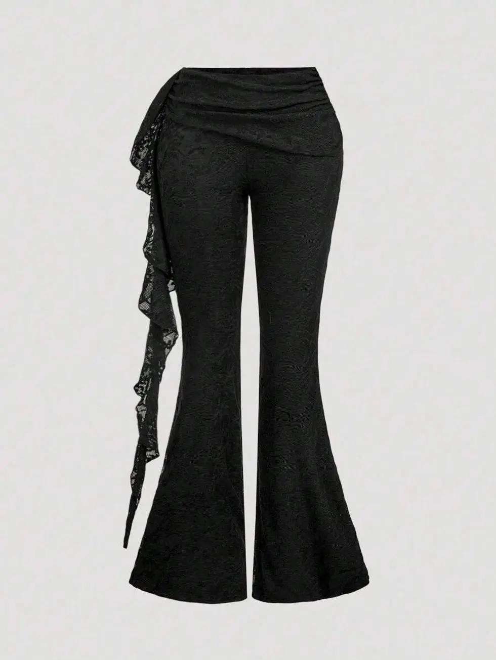 Elegant Black Lace Flare Pants, High Waist Ruffle Detail Trousers, Stretchy Floral Embroidery Leggings for Evening Parties and Formal Events