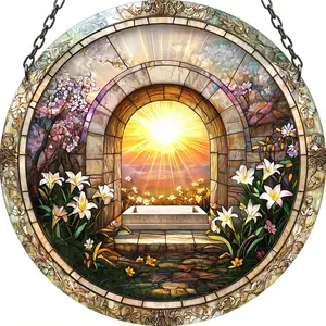 Stained-glass style suncatcher, Resurrection sunrise garden arch with lilies, round window hanging Christian Easter decor