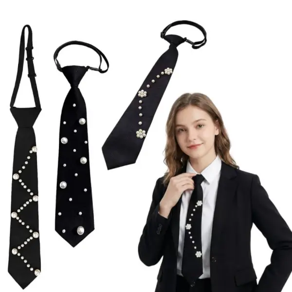 3PCS Black Pre-tied Ties with Artificial Pearls Adjustable Uniform Neckties Elegant Neckwear for Party Prom Banquet Date