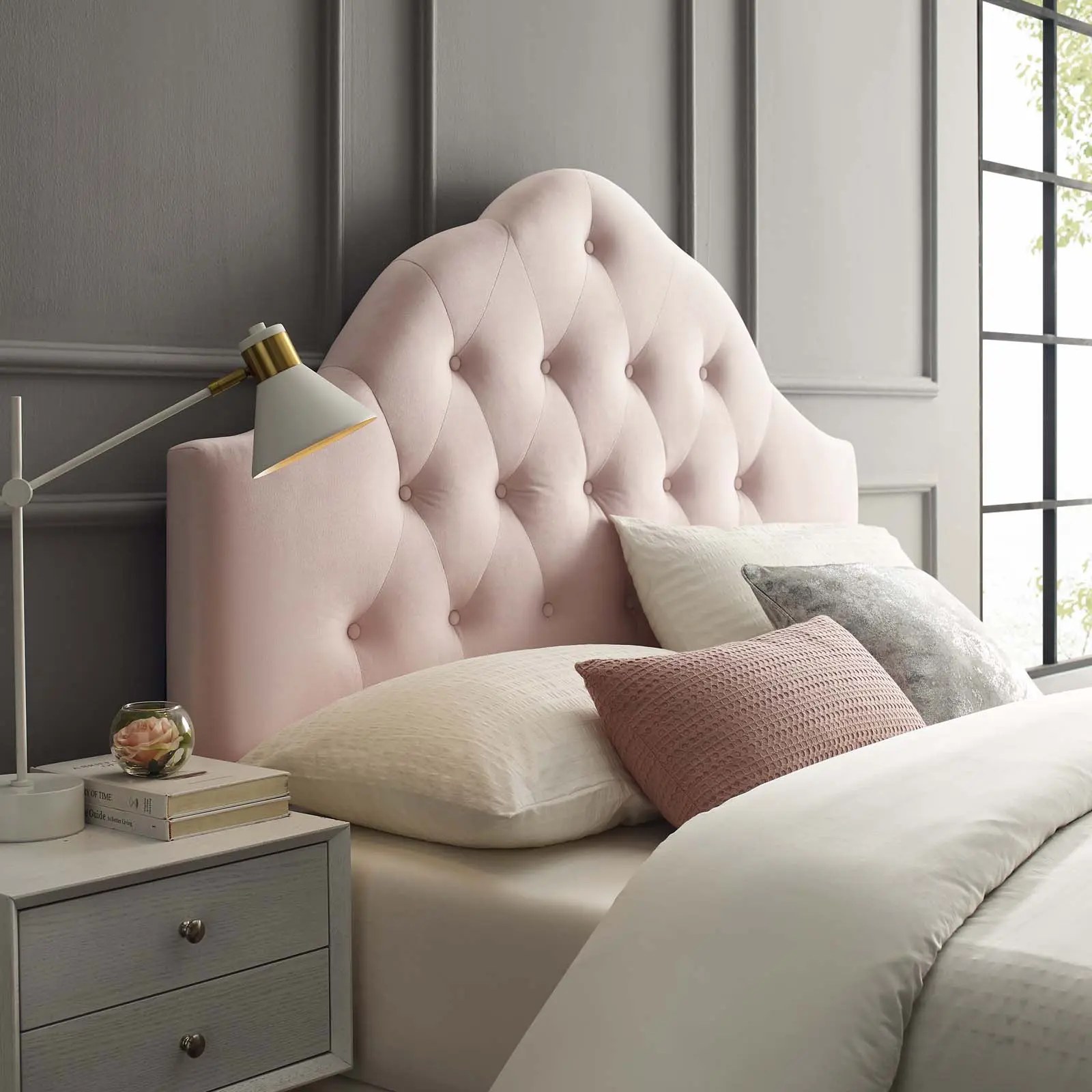 Modway Sovereign Queen Adjustable Height Headboard, Diamond-Tufted Performance Velvet, Pink, Adjustable Height Headboards