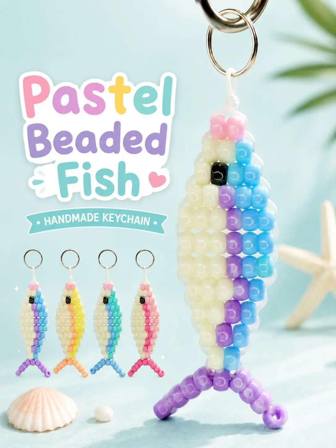 Handmade Pastel Beaded Fish Keychain, Pony Bead Bag Backpack Charm, 90s Nostalgia Cute Ocean Themed Fashion Accessory Gift
