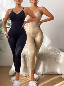 Women's Fall Winter Seamless Shapewear Long Pants, High Waist Slimming Bodycon Jumpsuit, Plus Size Backless Seven-Eighth Leggings, Compression Shapewear Jumpsuit
