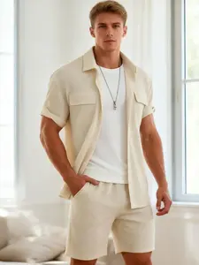 Men's Cream Textured 2-Piece Loungewear Set - Short Sleeve Camp Collar Shirt & Matching Drawstring Shorts, Soft Breathable Fabric, Relaxed Fit for At-Home Lounging, Lazy Weekends & Casual Evenings, Homewear