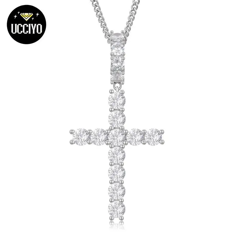 UCCIYO S925 Sterling Silver Unisex Exquisite Trendy Moissanite-Inlaid Cross Pendant #P66 - Non Tarnish Adult Necklace, Engagement Gift, Artificial Gemstone Jewelry, Non Tarnish Necklace