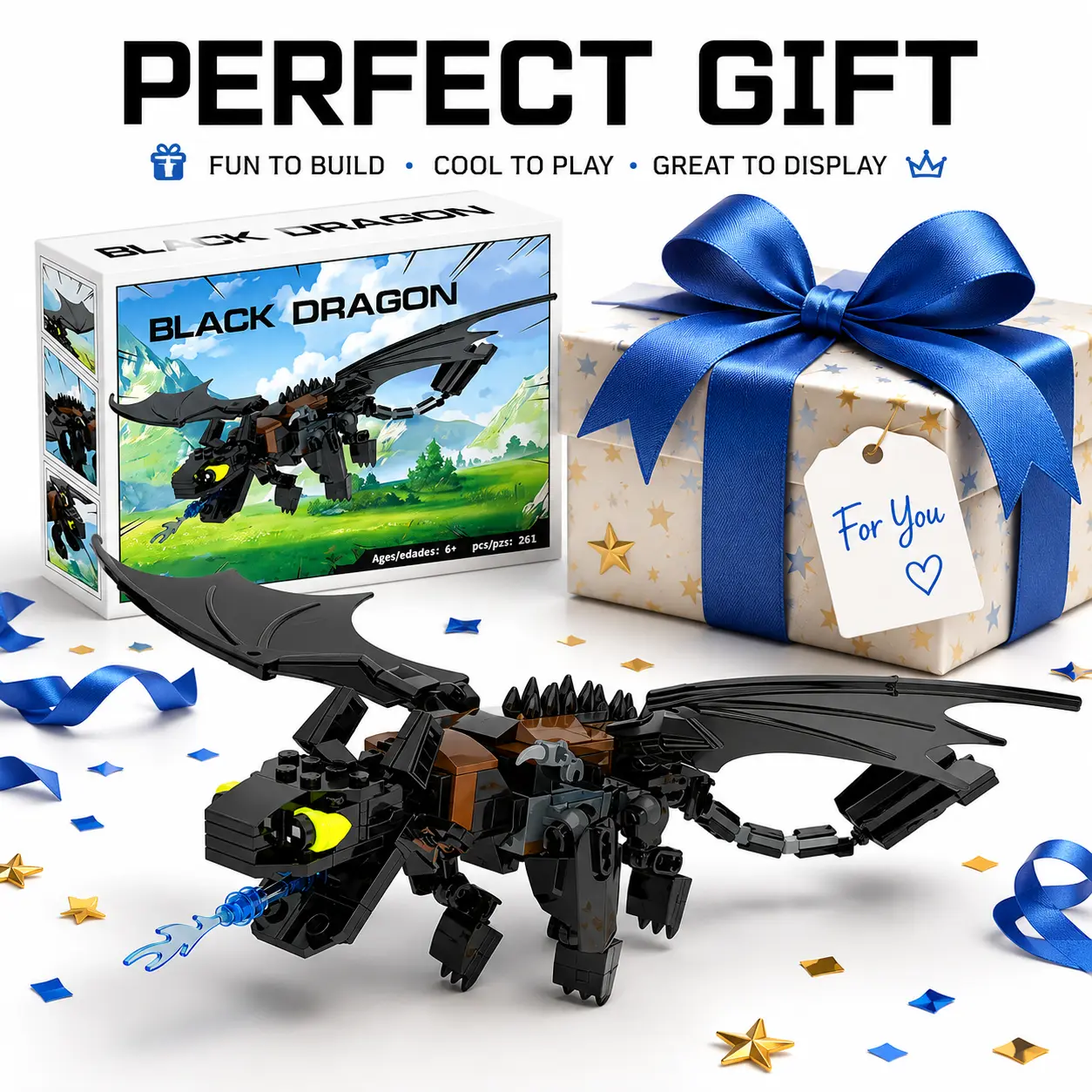 Black Dragon Building Blocks Set - 251 Pcs Night Theme Model Kit with Fierce Design, Creative & Imaginative Play Toy for Kids, Holiday Birthday Gift
