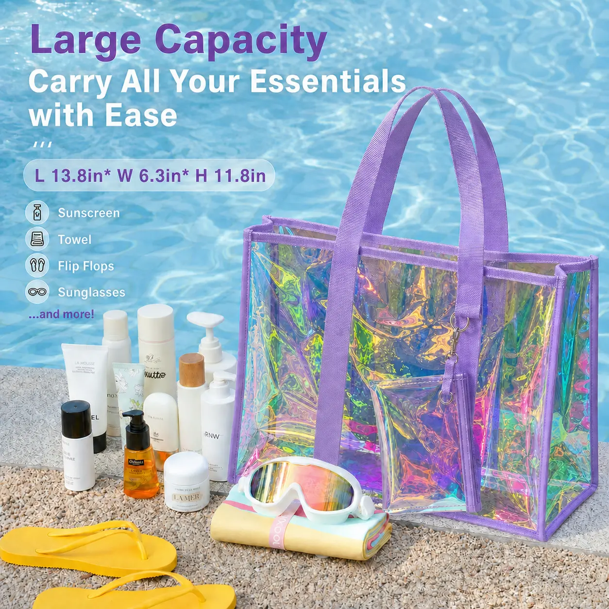 Bagstellar Beach Bag for Women Clear Iridescent Zipper Pool Swim Beach PVC Tote Bag w/Makeup Bag & Waterproof Phone Pouch Summer Essentials for Sports Events Concert Beach Work Swimming pool Easter Basket Organiser,dorm essentials,home decor
