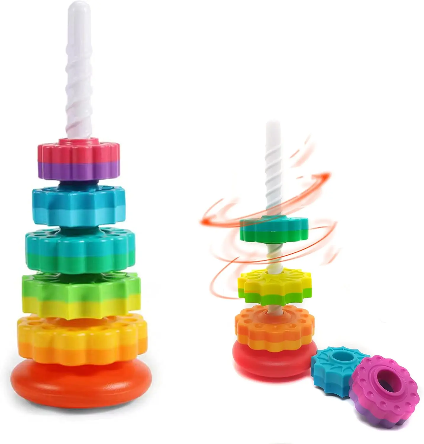Montessori Stacking Baby Rainbow Ring Spinning Toy Set, Multi Activity Playset with Sensory Learning Blocks Tower, Cause-and-Effect Learning Autism Tools, Durable and Safe for 6-12 Months & 1-3 Years Toddlers, Christmas Birthday Gifts