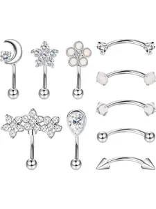 10PCS Stainless Steel Rook Daith Earring for Women Curved Barbell Eyebrow Rings Belly Lip Ring Cartilage Tragus Body Piercing CZ Flower Rook Piercing
