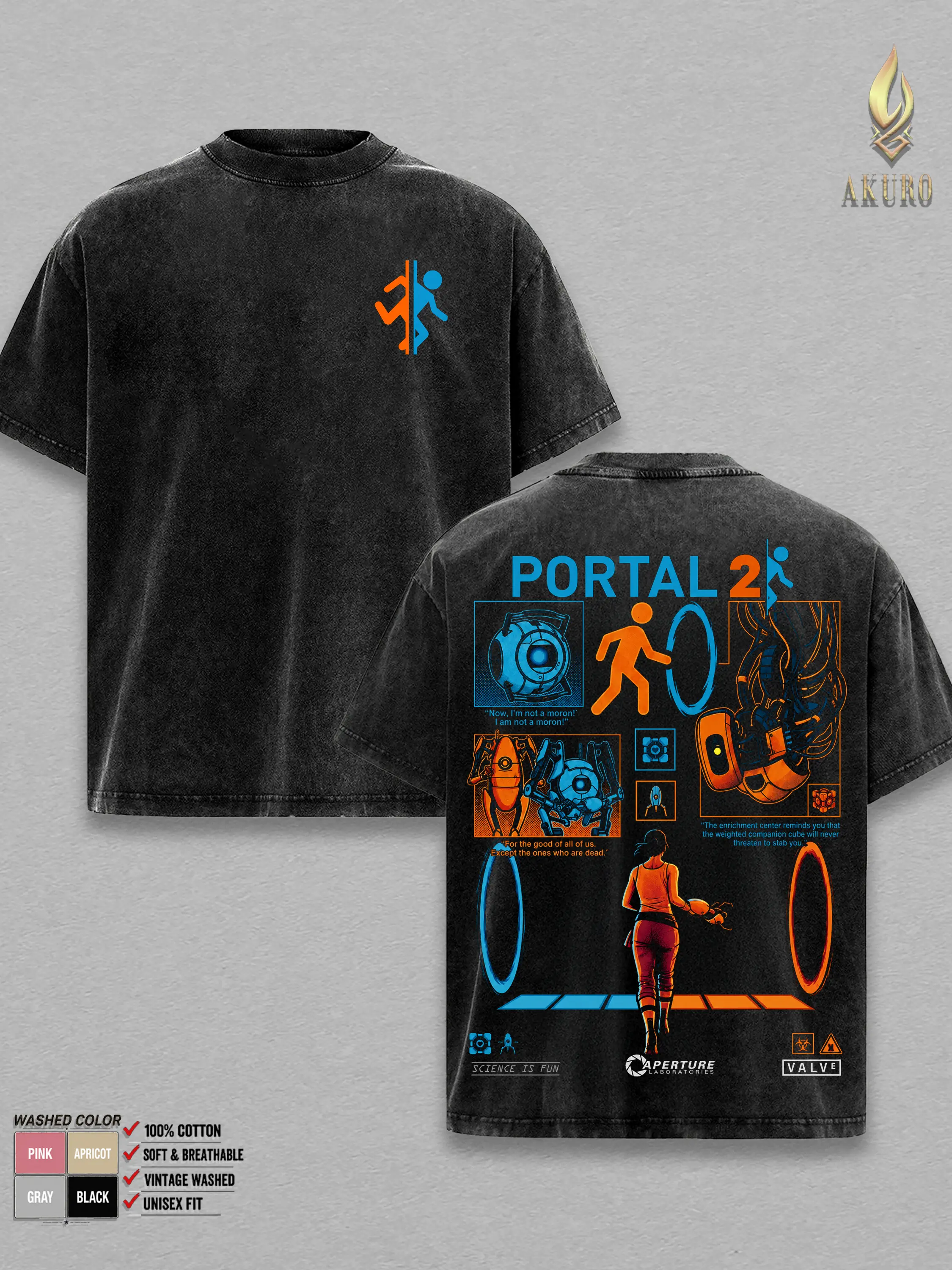 Portal 2 Aperture Laboratories T-Shirt, Vintage Washed Oversized Cotton Top, Soft Classic Menswear Apparel, Double Sided Sci-Fi Puzzle Game Graphic Tee, Man Gamer Clothes