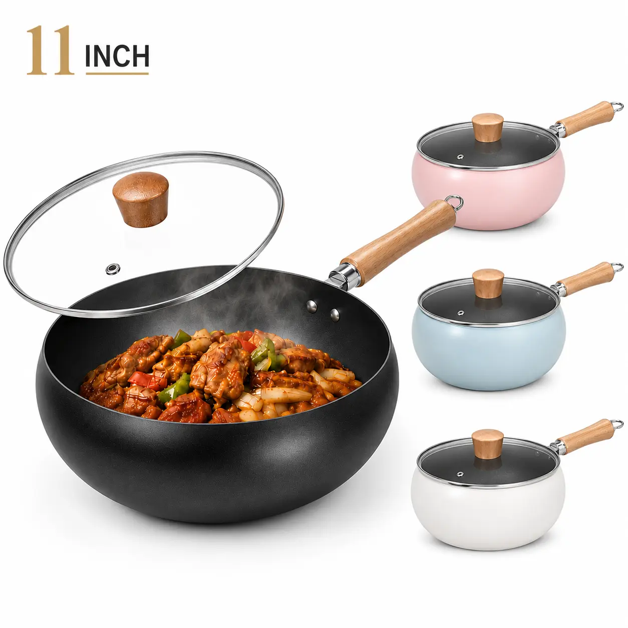 Cast Iron Deep Frying Pan, 9.5"/11" Wok for Family Cooking, Titanium-Enhanced Nonstick & Scratch-Resistant Durable Cookware with Glass Lid, Cooking Pans, Nonstick Family Pan