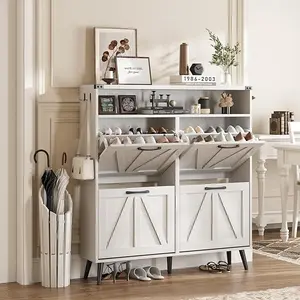 Vabches Shoe Cabinet Wtih 4 FILP Drawers,Shoe Storage Cabinet for Entryway,Freestanding Shoe Cabinet Organizer with Open Storage,Farmhouse Narrow Shoe Cabinet with Legs