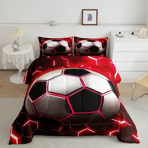 Football Comforter Set for Boys Soccer Bedding Comforters & Set,Red Neon Light Decor Duvet Modern Style Glowing Honeycomb Quilt Comforter,Sports Themed Bedroom Decor