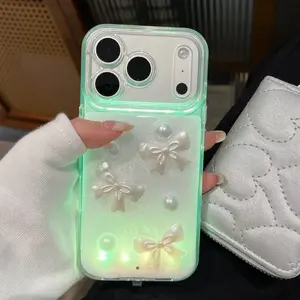 Sound-Control Glowing Resin Bow Phone Case, Creative Couple Style, Fits iPhone 13/14/15/16/17 Pro/plus/pro Max, Unique Call Light Cover Protective