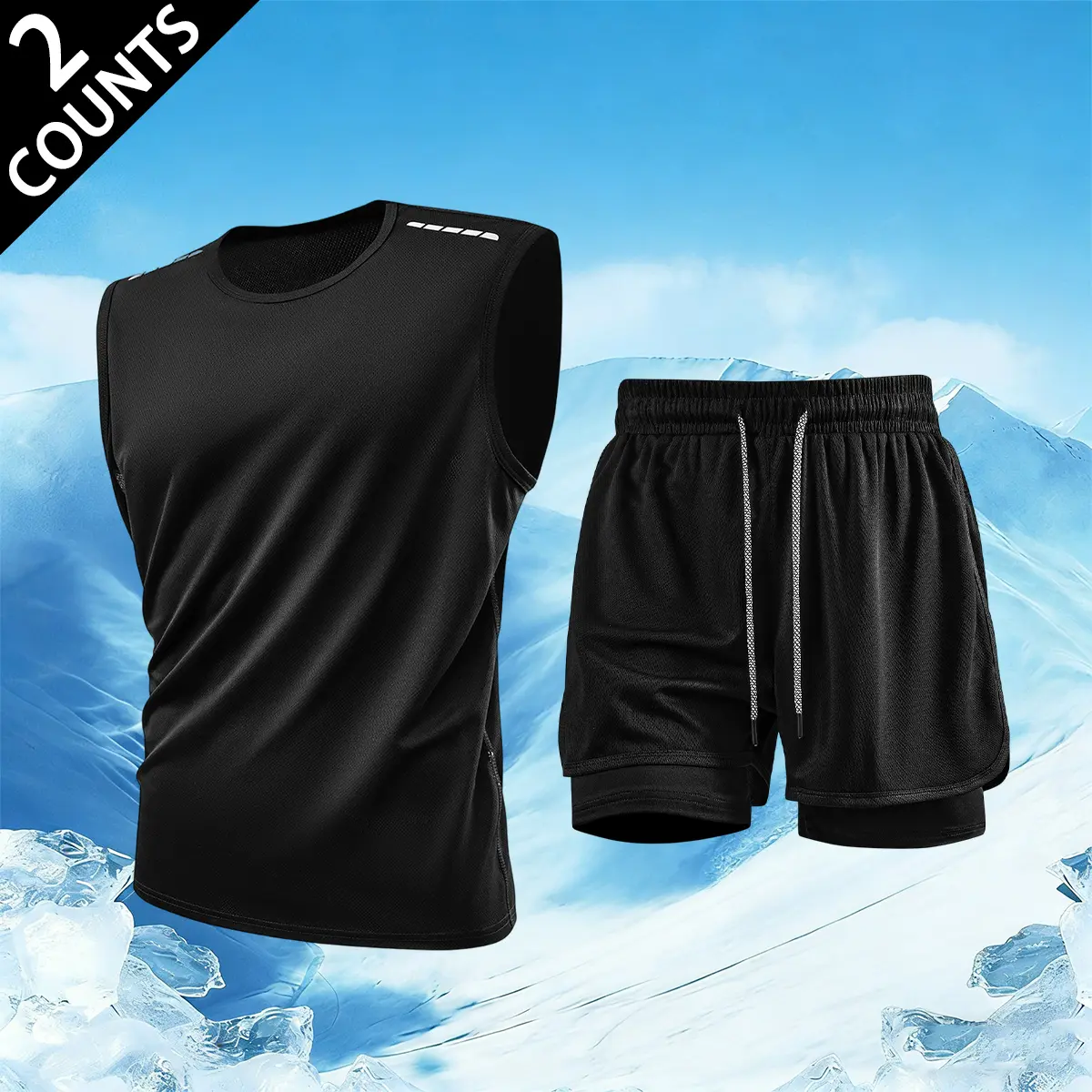 2 Counts Men's 2-Piece Workout Outfit, Quick Dry Sleeveless Tank Top & 2-in-1 Compression Shorts Set, Breathable Gym Outfit with Reflective Print, Ideal for Running, Training, Fitness, Summer Sports, Moisture-Wicking Activewear