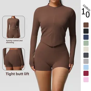(New) In-stock double-sided brushed solid color tight-fitting zip-up jacket yoga outfit sports running fitness set for women Gift (01)