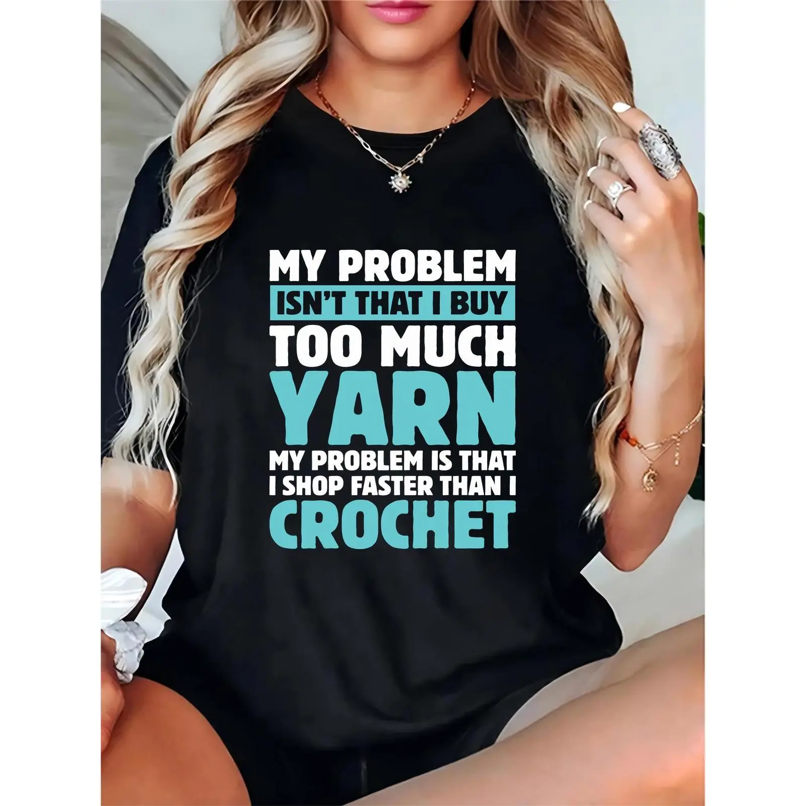 Women’s Funny Yarn Crochet T-Shirt, Craft Lover Gift, Casual Daily Tee for Crocheters/Knitters, Black Graphic Top with Humorous Text (I Shop Faster Than I Crochet), Essential, Day, Prints, Basic, Comfortable, Shortsleeve, Cotton, Feminine, Elegant, Fit, L