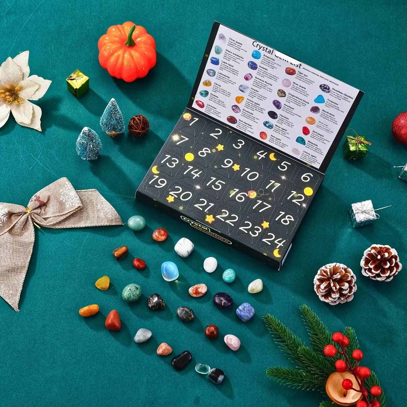 24 Natural Crystal Advent Calendar, Christmas Countdown Gift, Party Supplies, Jewelry Box, Perfect for Valentine's Day and New Year, Natural Crystal Set