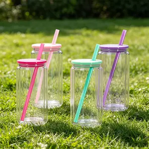 4 PACK 16 oz Acrylic Snow Globe Tumbler Cups, Double Wall Plastic, Pre-Drilled Hole with Plug, DIY Snowglobe Tumbler Supplies Bulk, Clear Mason Jar Style with Lids & Straws