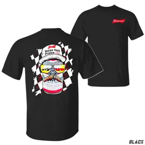 Budweiser Graphic Tee – Bold Can Design with Raise Hell Praise Dale Slogan, Racing Vibe, Unisex Crew Neck T-Shirt, Streetwear Aesthetic, Party-Ready Fit men