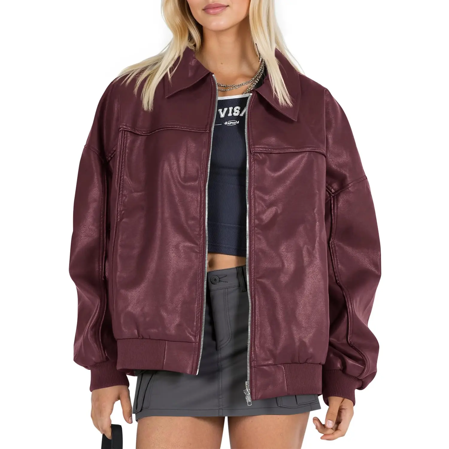Danedvi Women's Aesthetic Faux Leather Oversized Zip-Up Bomber Jacket - Long Sleeve, Drop Shoulder, Loose-Fitting, Fully Lined Interior, Pocket-Ready Carry, Easy Wear, Trendy Oversized Vibe, Lightweight Moto Biker Coat for Fall Casual Everyday Outfits, St