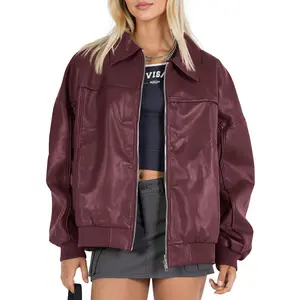 Danedvi Women's Lady Aesthetic Faux Leather Oversized Bomber Jacket - Long-Sleeve, Loose Moto Biker Coat with Collar, Zip-Up, Comfortable Everyday Fit Style for Casual Fall, Formal Wear