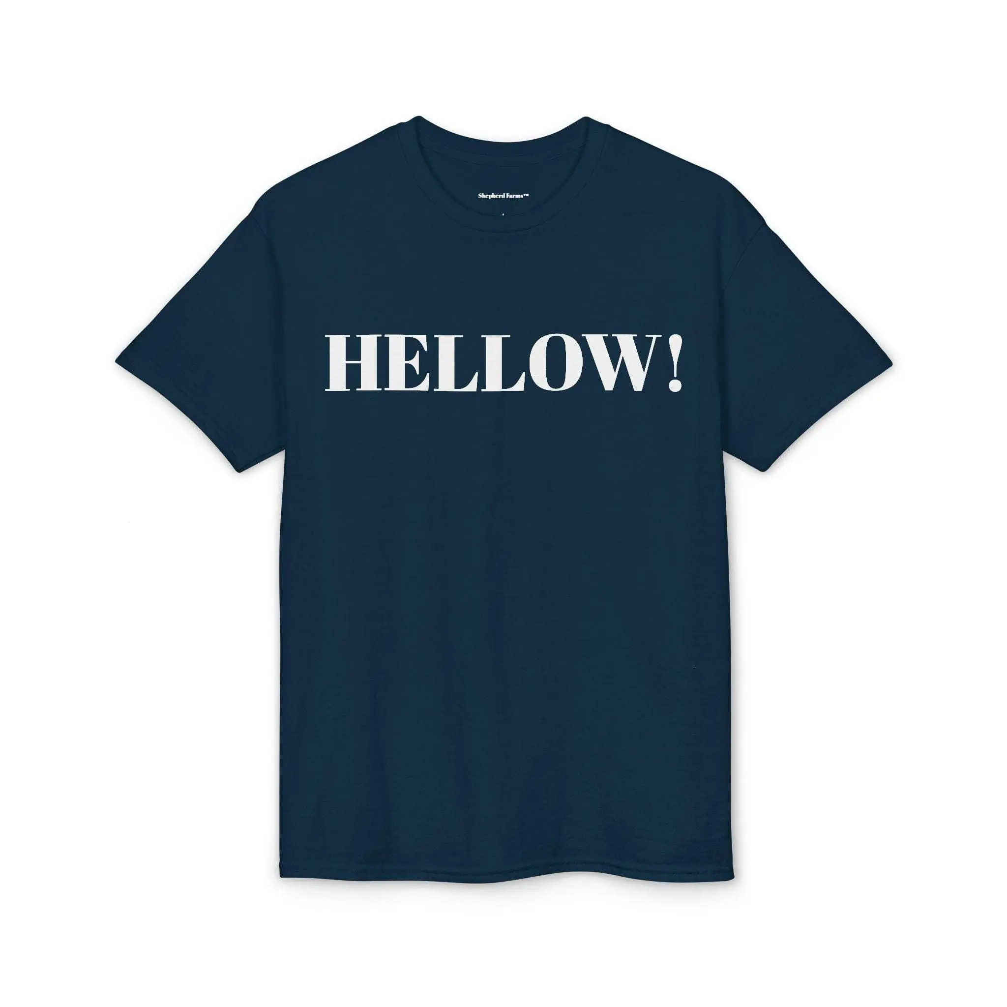 HELLOW! Text Graphic T-Shirt | Bold Stencil Lettering, Navy Tee