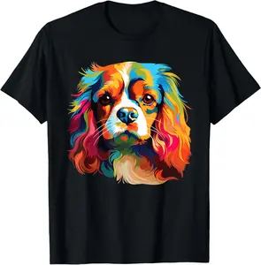 Watercolor Colorful Cavalier King Charles Spaniel Dog T-Shirt Pure Cotton Graphic Tees Menswear Top: Gifts for Men & Women, Natural, Shortsleeve