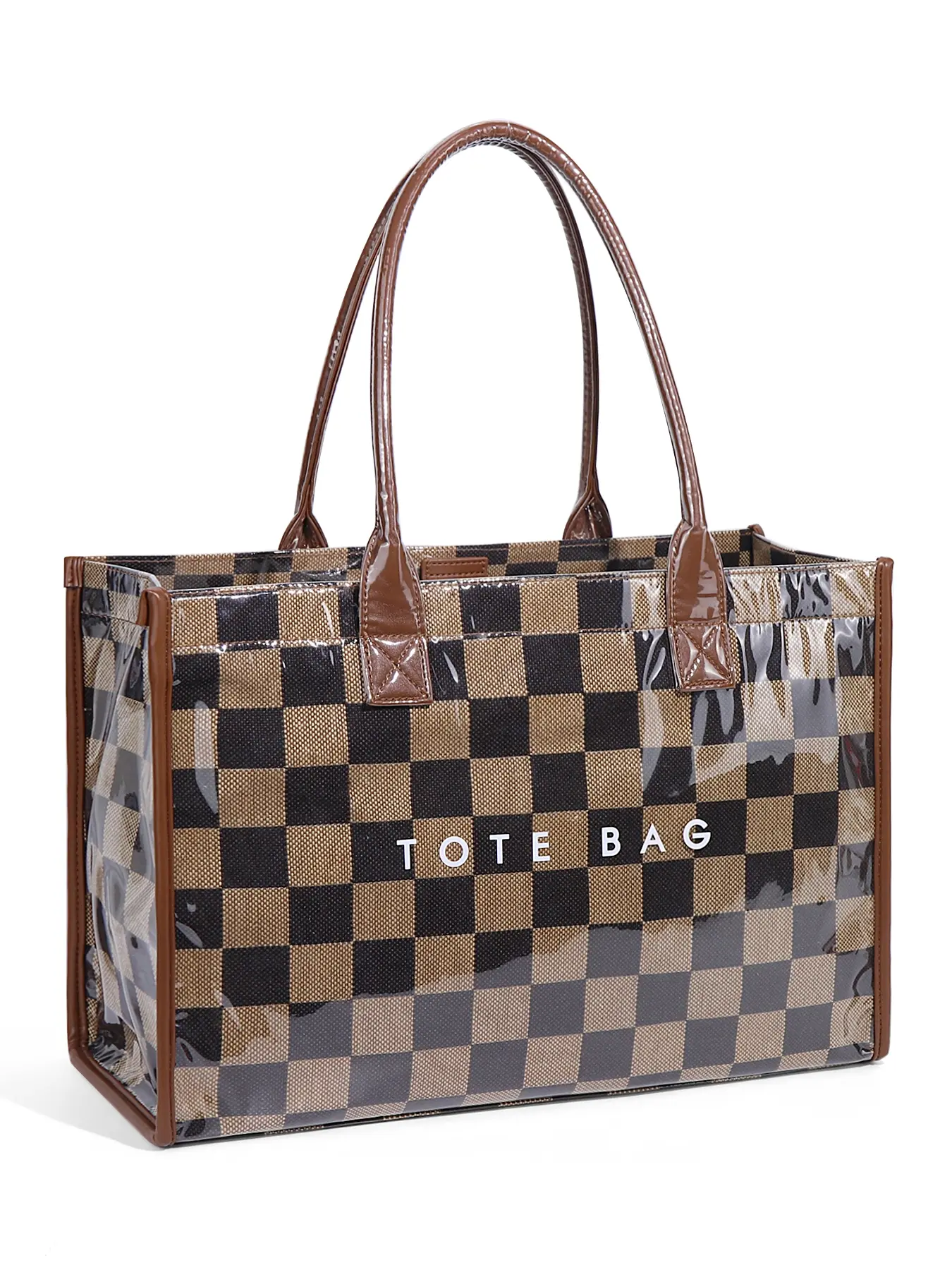 Women's Retro Checkered Letter Print Casual Tote Bag, Large Capacity Transparent Commuter Handbag, Versatile Daily Use Shoulder Bag, Fashionable Patterned Bag, Vintage Trendy Tote, Plaid Tote Bag, Casual Everyday Bag