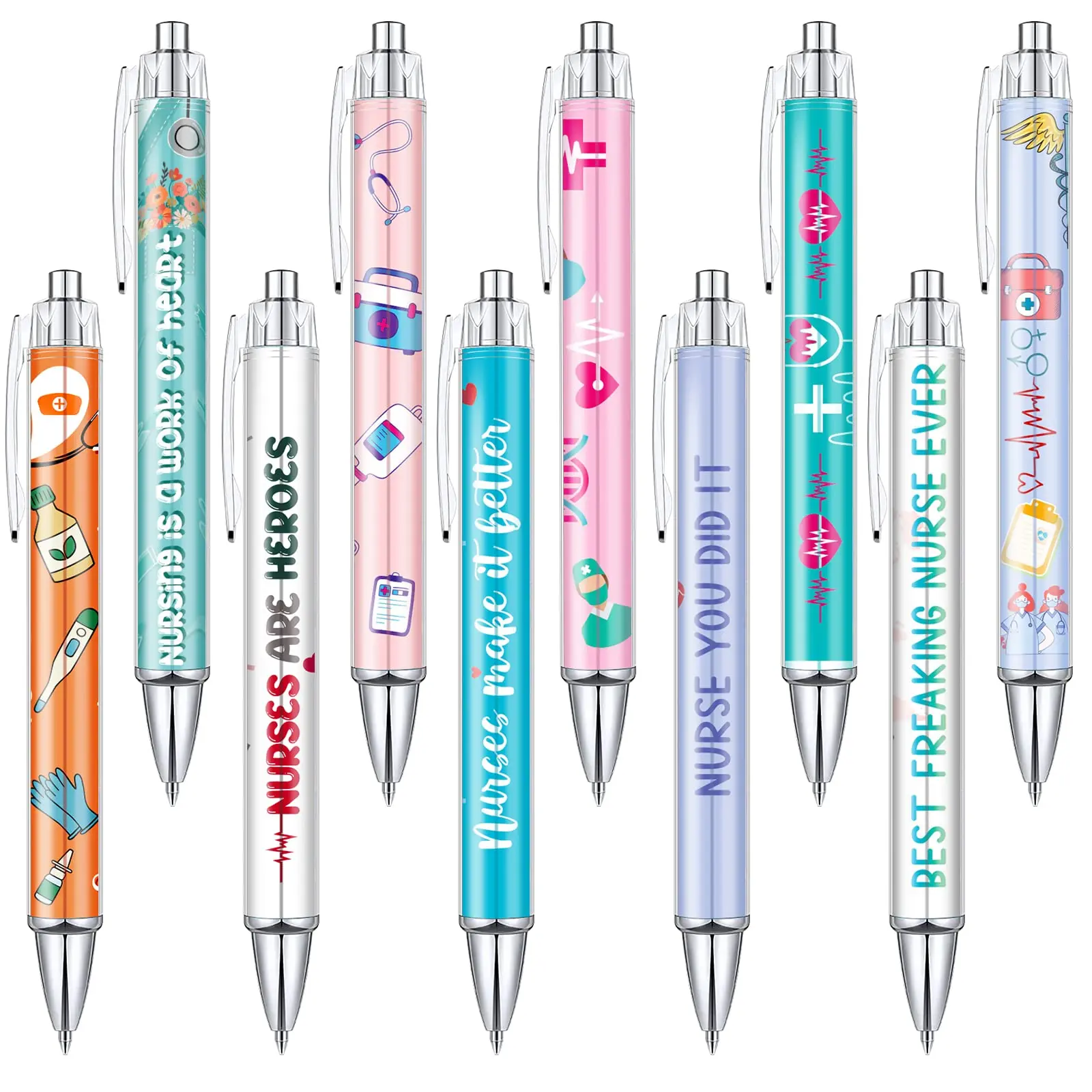 Cute Cartoon Letter Design Nurse Ballpoint Pen Set (10pcs), Cute Aesthetic Pens, Cute Office Pen, Retractable Writing Pen, Writing Stationery, Office Stationery Supplies for Nurse & Worker & Student, Thank You Gift for Friend