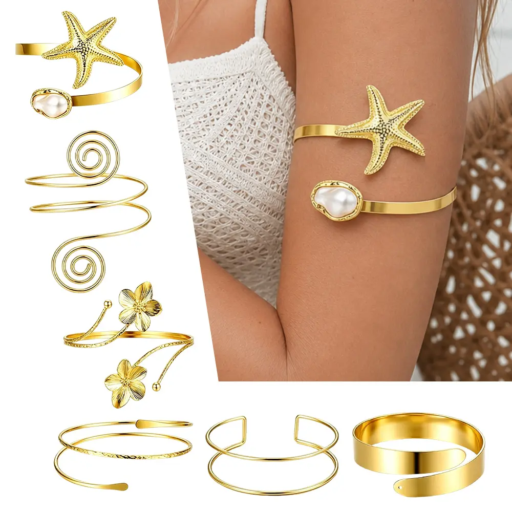 6PCS Gold Arm Cuff Bracelets for Women, Boho Statement Gold Upper Arm Bangle Band Armlet, Open Adjustable Cuff Bracelet set Stackable