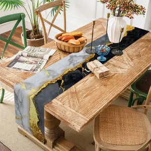 FOREVER QUEEN Cotton Linen Table Runner 13x72 Inch, Rustic Farmhouse Kitchen Dining Table Decoration,Spring Summer Home Party Décor for Wedding Anniversary Holiday (Black White Gold Marble)