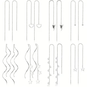 8 Pairs Stainless Steel Threader Earrings Chain Earrings Set with Rhinestones, Double Twist Wave Drop Dangle, Tassel, Lightweight, Long Chain