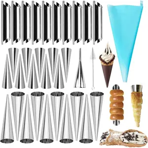 30Pcs/Set Cream Horn Mold, Cannoli Forms Tubes Kit, Stainless Steel 20Pcs Cone Shaped and 10Pcs Tubular Shaped Baking Molds for Danish Pastry Lady Lock Form Cream Roll Croissant,Hand Tools Kits