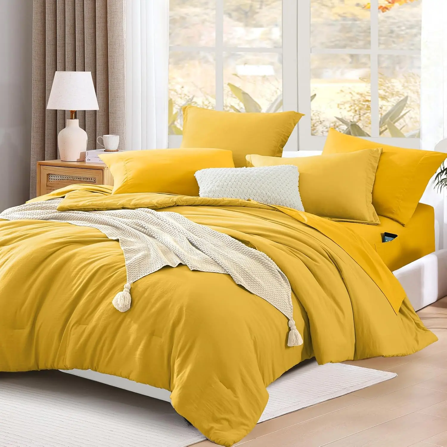 Queen Comforter 7-Piece Bedding Set - Mustard Yellow, Minimalist-Traditional Style, Fluffy Soft, Family-Friendly, Fashionable-Contrasting Colors, Includes Flat Sheet, 2 Shams, 2 Pillowcases, Warm Collection for Birthdays, Fashionable Colors
