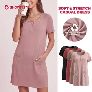 SHOWITTY Womens Casual Henley Dress with Pockets, Short Sleeve Soft Stretch Lounge Dress, Breathable Recycled Fabric Everyday Midi Dress #SummerWins#DealsForYouDays