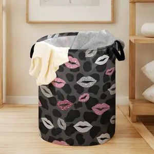 Valentine Lip Print Laundry Basket with Handle, Durable Halloween Foldable Dirty Clothes Storage, Large Capacity Toy Organizer