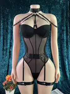 Women's Sexy Bodycon Stretchy Lingerie Underwear Set 4 Piece, Halter Neck Bodysuit, Heart Buckle Design, Backless Neck Ring, Bow Rhinestone Detail, Valentine's Day Gift