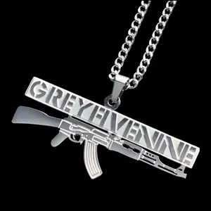 GREYFIVENINE AK-47 Necklace 1.5" Etched & Polished Stainless Steel G59 GREY59 Pendant Hypoallergenic Rust Resistant with Choice of Chain Suicideboys Free Gift Included