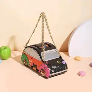 Volkswagen Inspired Crossbody Bag - Colorful Car Design with Chain Strap and Peace Symbol - Perfect for Casual Outfits