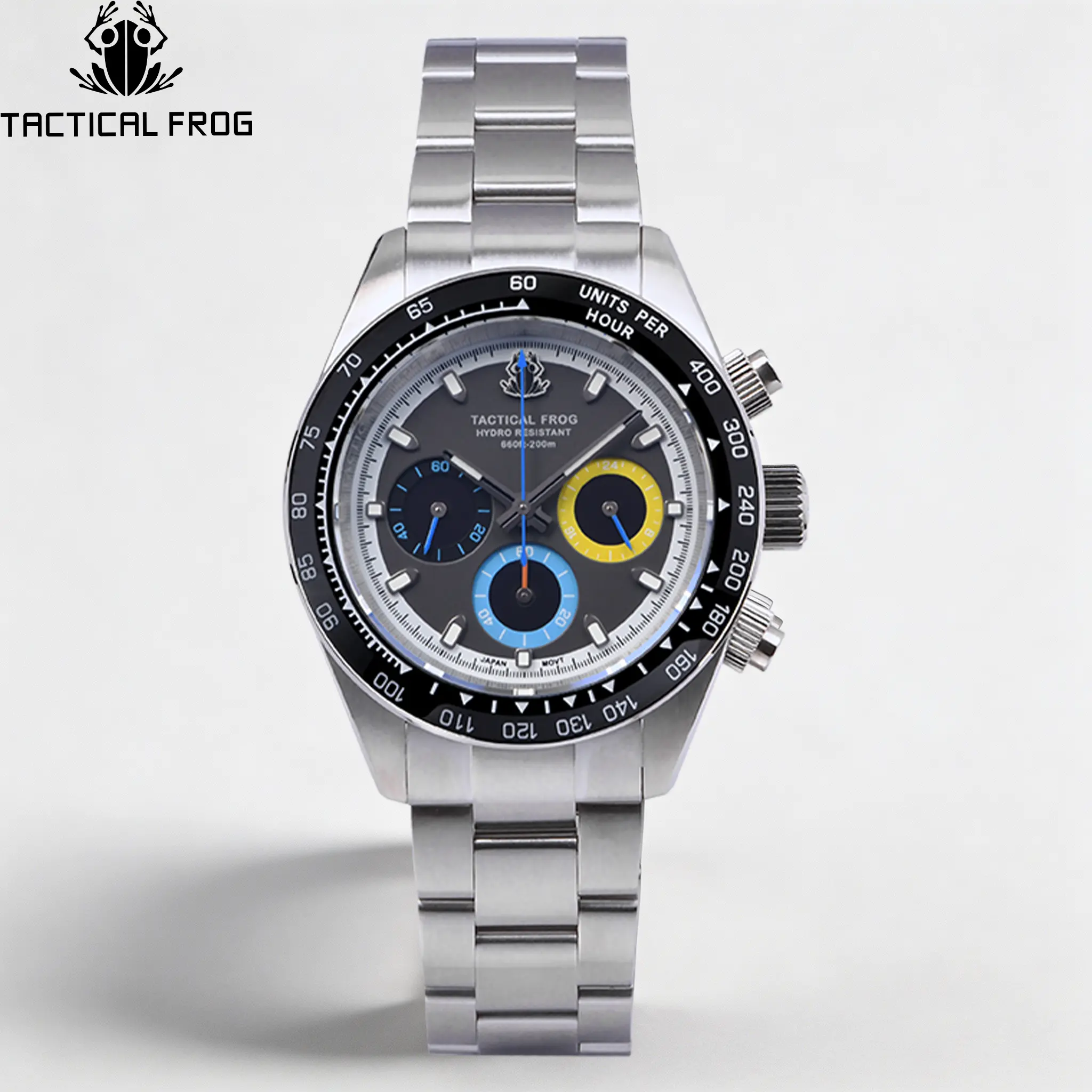 TACTICAL FROG Luxury Men’s 40mm Analog Chronograph Sports Watch - Stainless Steel Metal, 100M-200M Waterproof, C3 Super Luminous, Black Dial, Tachymeter Bezel, Date Window, Masculine Design Quartz Watch for Sports Wear, Masculine Design Quartz Watches