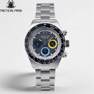 TACTICAL FROG Men’s Chronograph Watch, Stainless Steel Waterproof Sports Watch with C3 Super Luminous, Black Dial, Tachymeter Bezel, Date Window, Luxury Tactical Wrist Watch for Men