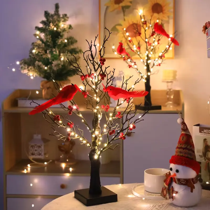 Brighter 2 Pack 21" LED Lighted Wreath with Red Cardinal 60 Warm White Bulbs Battery Operated Faux Birch Table Lamp for All Seasons Decor