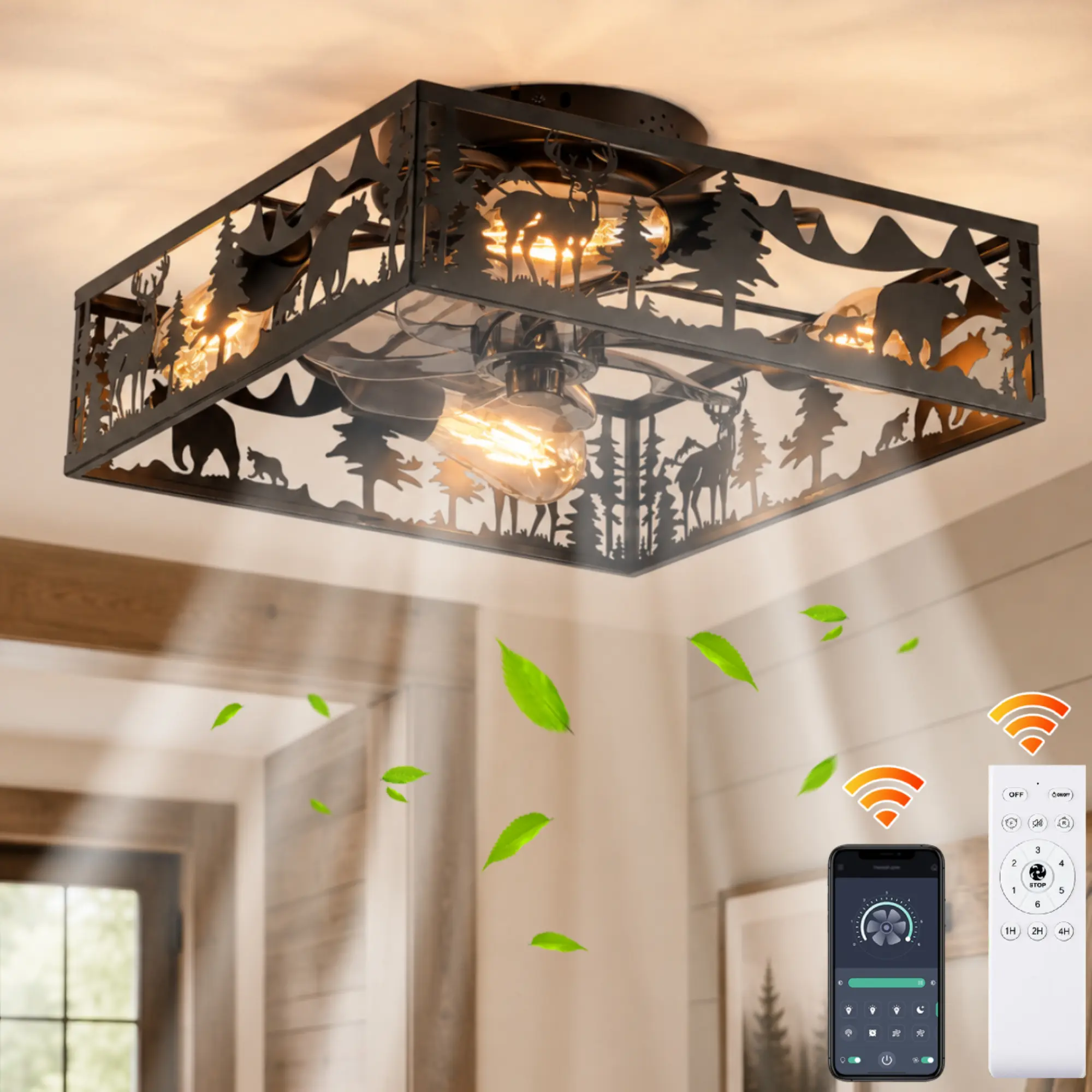 Garwarm 20 Inch Square Farmhouse Flush Mount Ceiling Fan, Matte Black Bladeless Ceiling Fan with Remote Control,6 Speed, Reversible, Flush Mount Ceiling Fan Light for Bedroom, Living Room