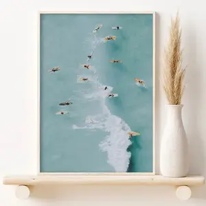 Surf Crowd Ocean Poster, Aerial Beach Scene with Surfers Riding Waves, Minimal Coastal Aesthetic Wall Decor for Living Room, Bedroom, Modern Summer Vibe