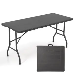 COSTWAY - 5FT Folding Picnic Table with Wood Grain HDPE Tabletop and  Non-slip Foot Pads-Black